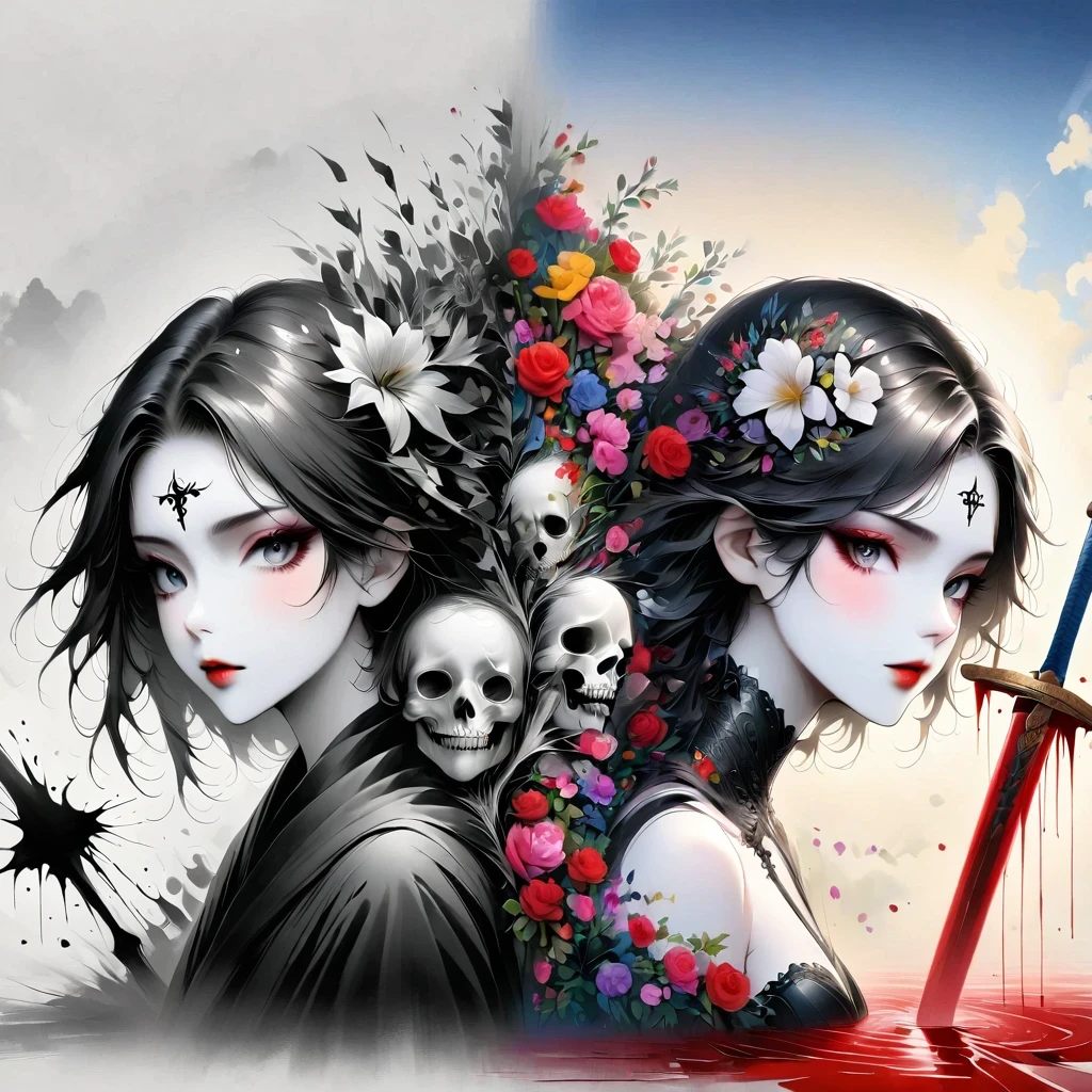 Alafd images,Wearing a black robe、Girl with a sword, blood spatter,Blood Pool,Gothic elements,beautiful death goddess, A terrible one, Death Portrait, A harbinger of death, punk ,The artwork should transition from a pencil drawing style in black and white on the left half to vibrant colors on the right half, Ensure a seamless integration between the two halves without any dividing line, The scene is identical on both sides, with the left side featuring detailed black and white pencil strokes and the right side filled with colors, creating a harmonious blend across the image