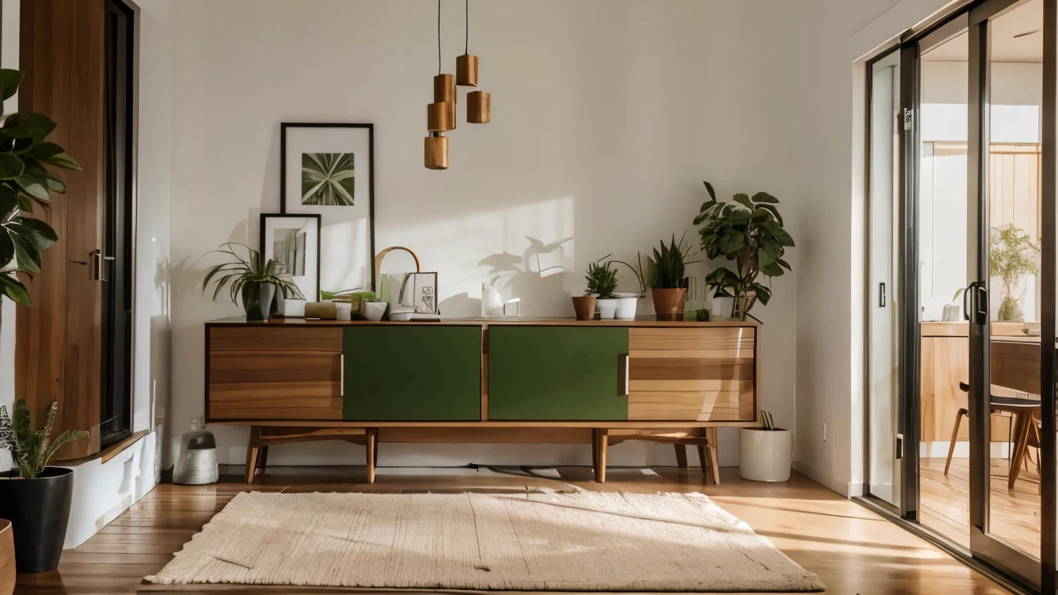 Modern wooden furniture in a spacious modern house with some green plants and Realistic high-quality RAW image