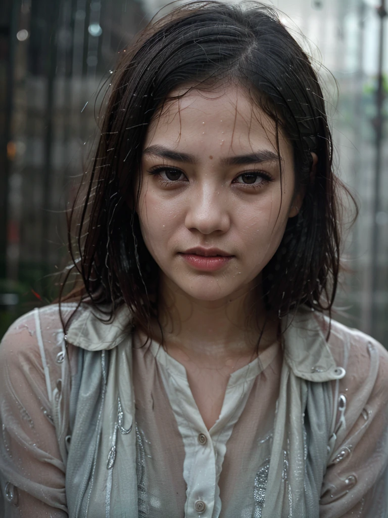 (best quality,8k,ultra-detailed,high-resolution,realistic,photorealistic:1.2),a girl in the rain, Asian woman seeking shelter, beautiful detailed eyes, beautiful detailed lips, long eyelashes, detailed facial features, intense emotion, raindrops falling on her face, wet hair, drizzling background, dim street lights, soaked clothes, photographs, realistic paintings, illustrations, raindrops falling on her face, wet hair, soaked dress, blurry background to indicate a scene of drizzling rain, rainy day, metropolis, dim and soft lighting effects