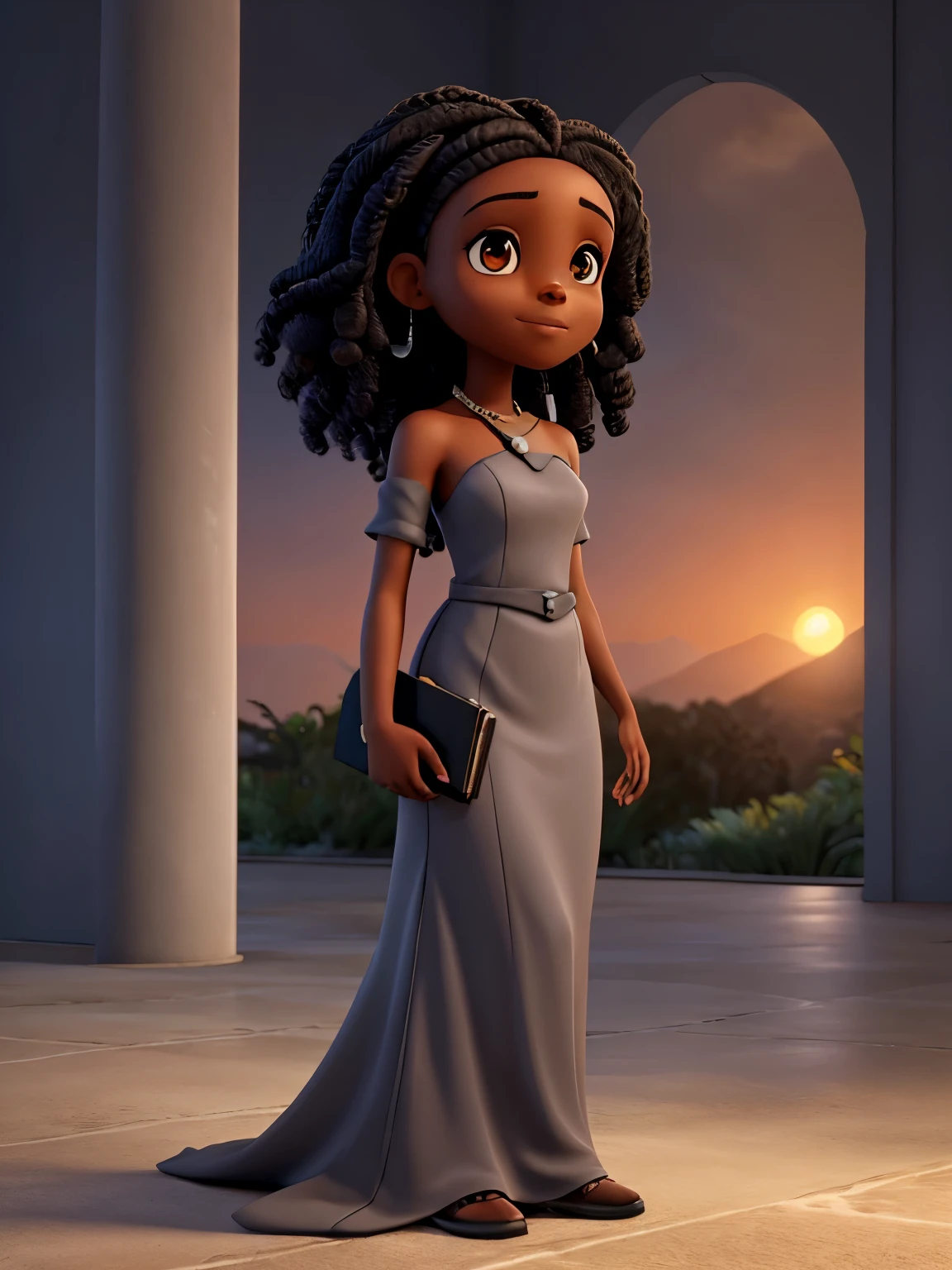 A black woman with dark, straight shoulder-length hair wearing a long, modest gray dress holding a bible and looking at a sunset horizon