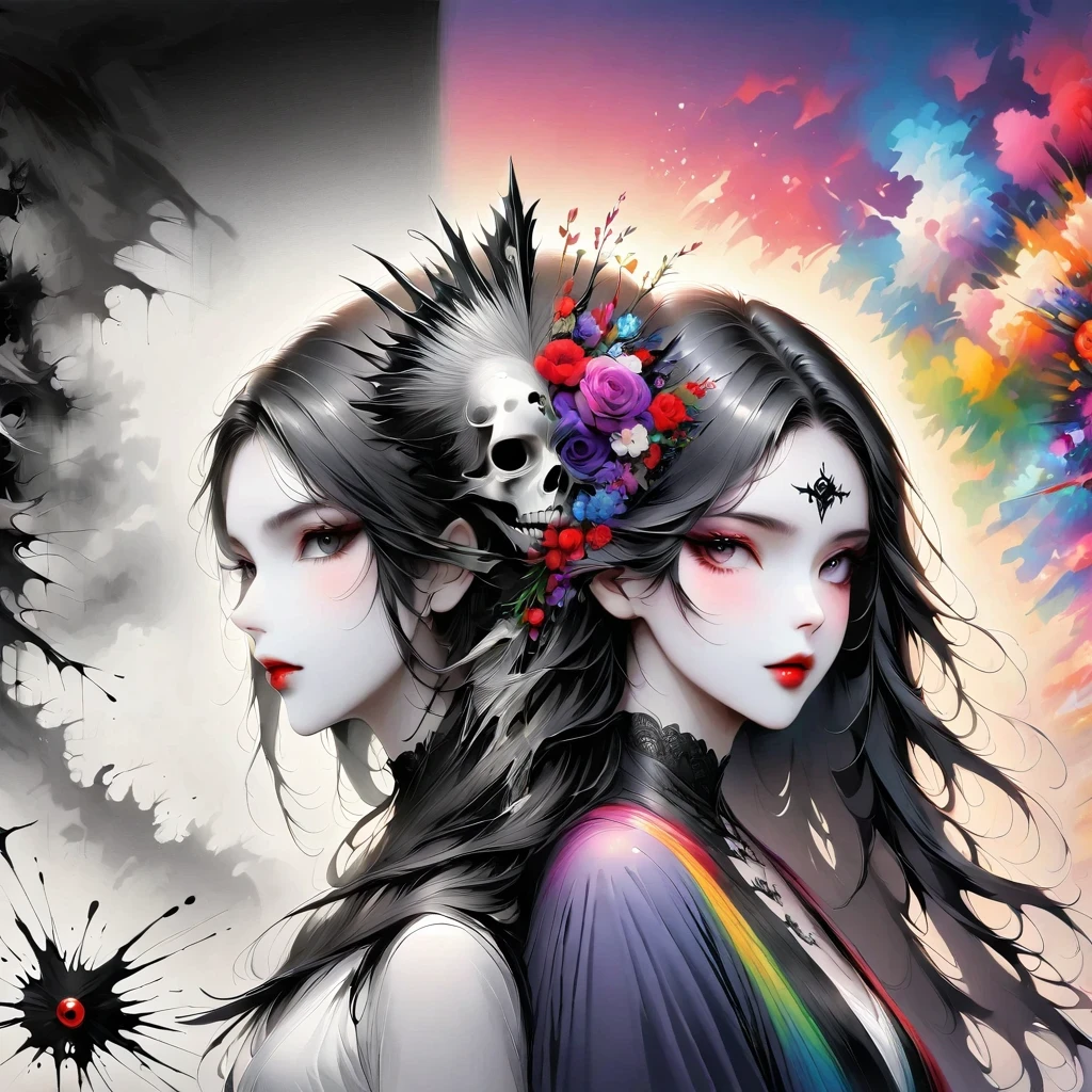 Alafd images,Wearing a black robe、Girl with a sword, blood spatter,Blood Pool,Gothic elements,beautiful death goddess, A terrible one, Death Portrait, A harbinger of death, punk ,The artwork should transition from a pencil drawing style in black and white on the left half to vibrant colors on the right half, Ensure a seamless integration between the two halves without any dividing line, The scene is identical on both sides, with the left side featuring detailed black and white pencil strokes and the right side filled with colors, creating a harmonious blend across the image