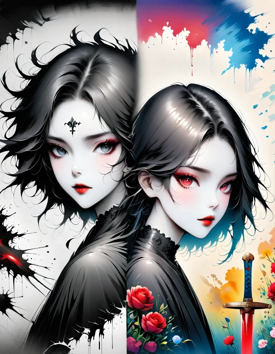 Alafd images,Wearing a black robe、Girl with a sword, blood spatter,Blood Pool,Gothic elements,beautiful death goddess, A terrible one, Death Portrait, A harbinger of death, punk ,The artwork should transition from a pencil drawing style in black and white on the left half to vibrant colors on the right half, Ensure a seamless integration between the two halves without any dividing line, The scene is identical on both sides, with the left side featuring detailed black and white pencil strokes and the right side filled with colors, creating a harmonious blend across the image