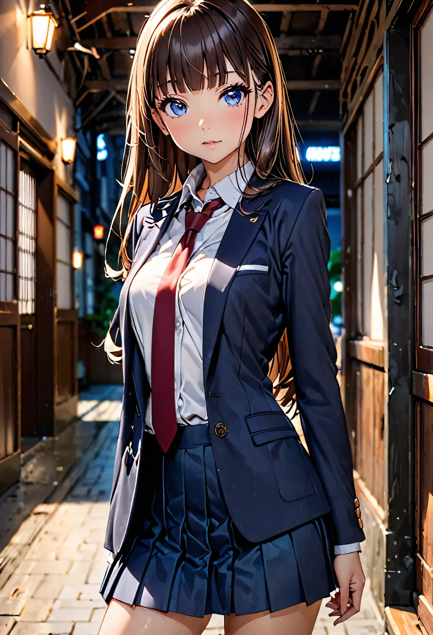 (high quality anime, 8k,masterpiece,Perfect Anatomy),cowboy shot,1 female,(beautiful detailed face and eyes,gorgeous eye),The perfect 20 years old, Japanese、Brown Hair、Straight hair,long hair,blunt bangs,medium breasts,small face,slender body,skinny,、Dark blue blazer jacket、white formal shirt、Red tie、Navy blue pleated mini skirt、(Professional photos、Perfect lighting)