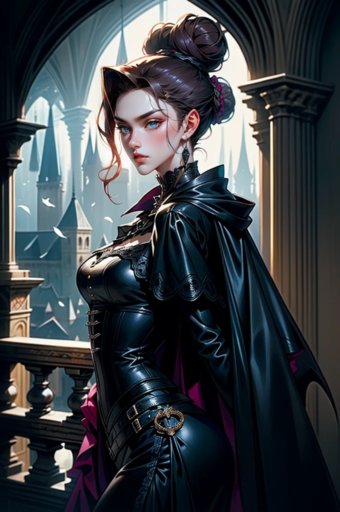 (masterpiece, top quality, best quality, official art, beautiful and aesthetic: 1.2), (1 woman: 1.3), long curly dark brown hair, ((fancy bun)), Victorian style, Victorian classic, extremely detailed, portrait, looking at the viewer, solo, (full body: 0.6), detailed background, close-up, mischievous eyes, (cold midnight castle theme: 1.1), vampire, long fangs, blood on chin, huge lips, charlatan, mischievous smile, mysterious, being seductive on the balcony, revealing gothic dress, extremely tight bodice, black costume, magenta skirts, off-the-shoulder, long sleeves, loose sleeves, black leather , cape, corset, black dress, fishnets, black high boots, buckles, straps, bags, glowing blood magic energy, dark magenta fabric, silver trim, black leather, extremely slim, slim waist, slim hips, medieval background (gothic castle exterior: 1.1), nocturnal, dark and mysterious lighting, shadows, magical atmosphere, Dancing lightly. backwadrs, Looking back. Very sexy, with chin resting on shoulder, abigail larson art style