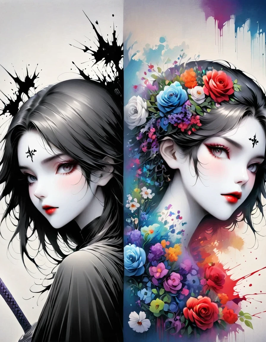 Alafd images,Wearing a black robe、Girl with a sword, blood spatter,Blood Pool,Gothic elements,beautiful death goddess, A terrible one, Death Portrait, A harbinger of death, punk ,The artwork should transition from a pencil drawing style in black and white on the left half to vibrant colors on the right half, Ensure a seamless integration between the two halves without any dividing line, The scene is identical on both sides, with the left side featuring detailed black and white pencil strokes and the right side filled with colors, creating a harmonious blend across the image