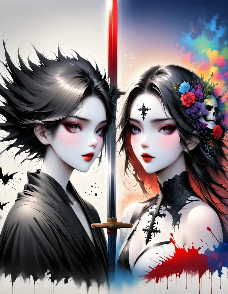 Alafd images，Wearing a black robe、Girl with a sword, blood spatter，Blood Pool，Gothic elements，beautiful death goddess, A terrible one, Death Portrait, A harbinger of death, punk ,The artwork should transition from a pencil drawing style in black and white on the left half to vibrant colors on the right half, Ensure a seamless integration between the two halves without any dividing line, The scene is identical on both sides, with the left side featuring detailed black and white pencil strokes and the right side filled with colors, creating a harmonious blend across the image