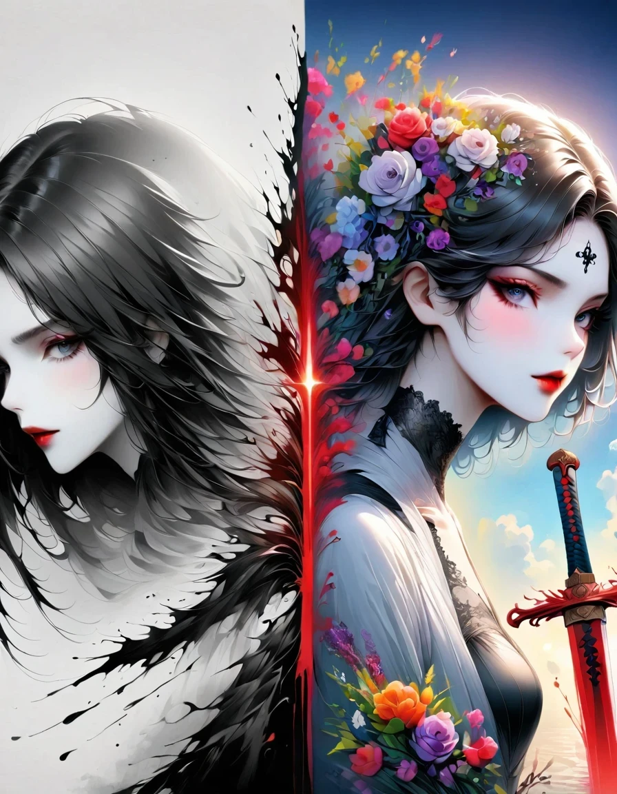 Alafd images，Wearing a black robe、Girl with a sword, blood spatter，Blood Pool，Gothic elements，beautiful death goddess, A terrible one, Death Portrait, A harbinger of death, punk ,The artwork should transition from a pencil drawing style in black and white on the left half to vibrant colors on the right half, Ensure a seamless integration between the two halves without any dividing line, The scene is identical on both sides, with the left side featuring detailed black and white pencil strokes and the right side filled with colors, creating a harmonious blend across the image