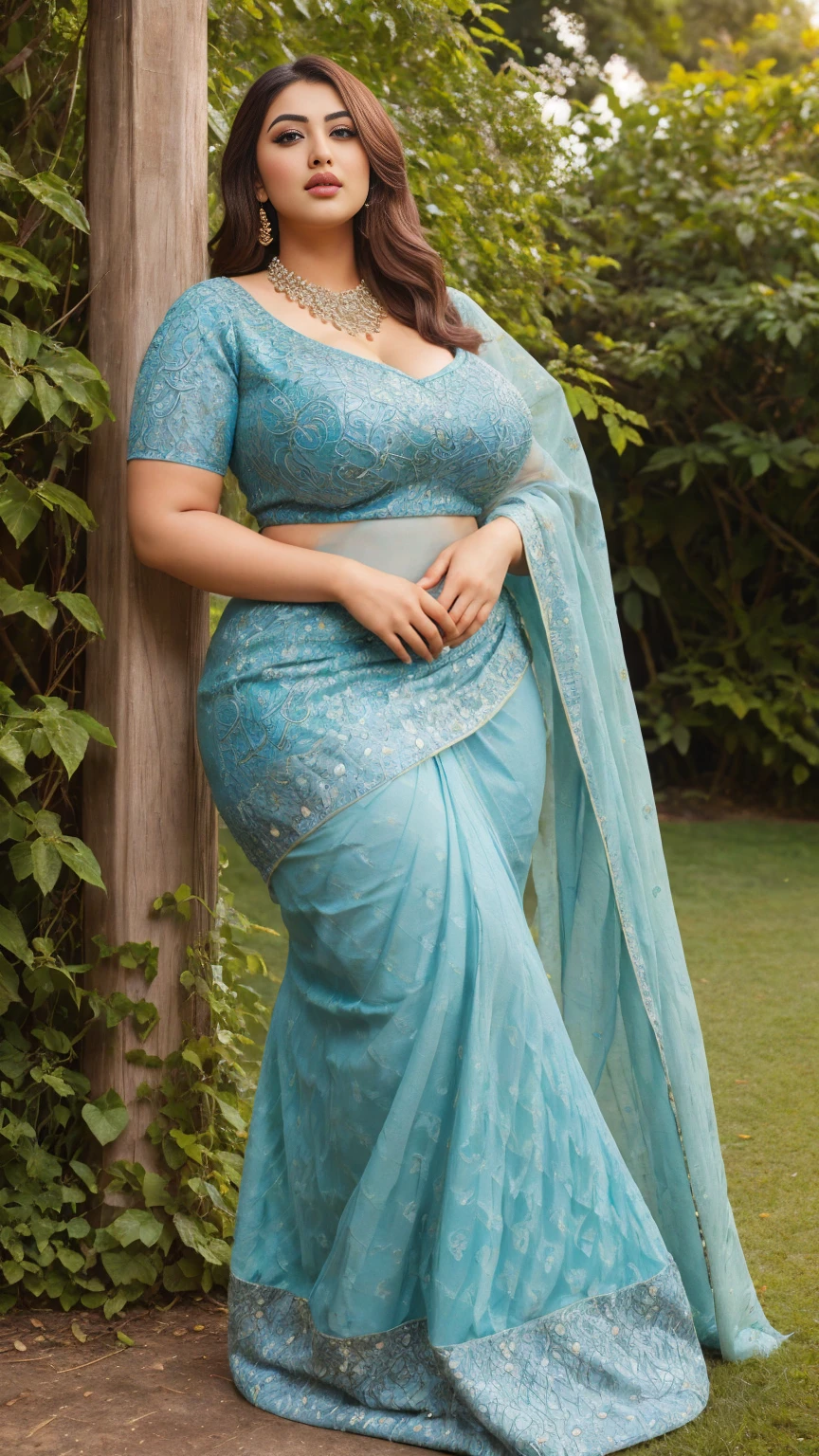 Madhubala Indian beautiful actress sexy curvy plus size model woman standing in Garden daydream”on the grass, gazing up at the sky with a dreamy expression,HD makeup,hd details,hd render,realistic,hyper realistic,photograph,wearing Tropical Print Indian banarasi sari , head to toe view, full body shot, full body view, Head Jewelery for wedding, busty, big curvy body, full body shot, she has a flat belly, thick body, big waist,The best possible quality ((high resolution 8k)),a beautiful woman, very beautiful the best, emerald eyes very well detailed, blue color dress ,design in dress, stitching style in dress,very gorgeous dress and very colorful,large breasts of a 30 year most beautiful very busty woman create perfect details, (full body view)) (large breast) (big breast) (round breast)