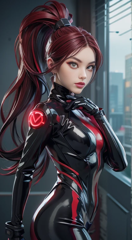 solo, super fine photo, portrait Unreal Engine 5 8K UHD of beautiful and cute girl, ponytail hair, dark red and black color scheme tight cybernetic latex catsuit with latex dress outwear, cybernetic glove, futuristic design, crimson neon lights details, beautiful make up, luxurious, best quality, masterpiece, official art, unified 8k wallpaper, super detailed, sharp focus, dynamic pose, body parts