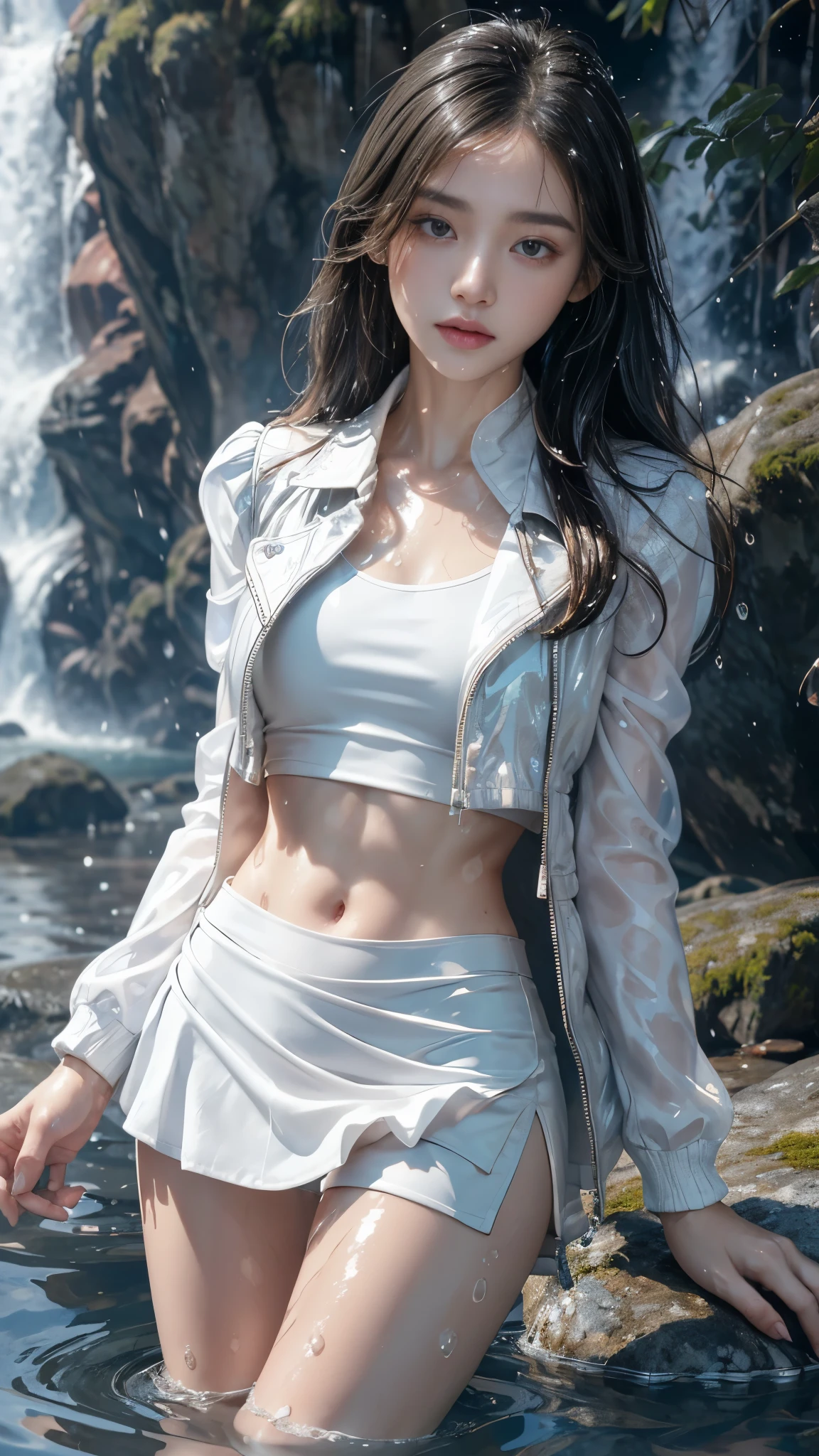 8k, masterpiece, 1 girl, beautiful face, very long hair, light makeup, (glossy skin:1.5), detailed eyes, detailed lips, small bust, short jacket, wet white vest, ((white mini skirt)), ((under pants)), ((bare thigh)), straps clothing, (water falling:1.5), steam effect, water vapor,