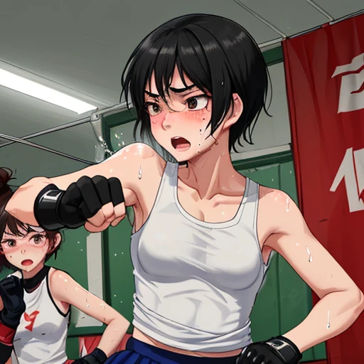 At the martial arts gym、A high school girl receiving punching instruction from a female coach、Slender body、Tank top、Sweat is splashing、Shortness of breath with open mouth、Very sweaty、Short black hair、Poor body、Small breasts、Open Finger Gloves