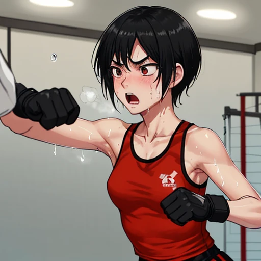 masterpiece, best quality, ultra-detailed, illustration, ultra-detailed face, best quality face,1girl, , boxer, tomboy, bully, short hair, strong, muscular abs, tough expression, sporty build, tall, professional martial artist, amber brown eyes, mean smile, champion, brown hair, confident, strong, fighter, dominant, ready to dominate the opposition, naked, topless, wicked, evil, vicious, dominant look in his eyes, he's a predator, boxing gloves, boxing ring, violent, angry, wide shoulders, strong arms, muscular thighs, ripped muscles.