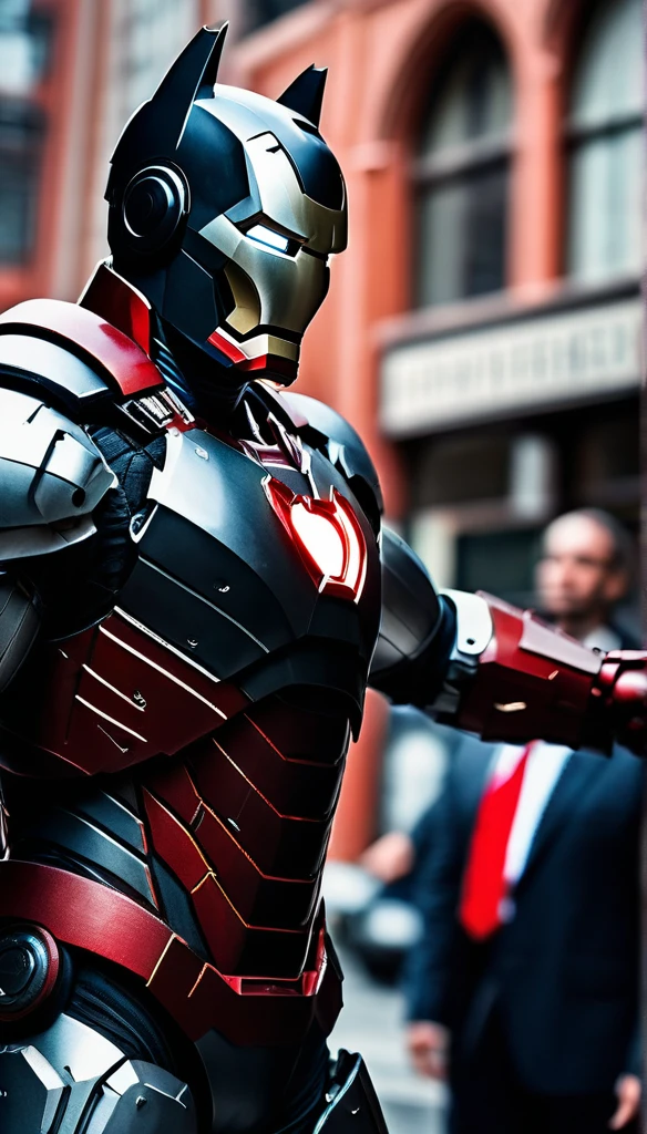 (standing split:1.3), red armoured, glared armour (iron man vs batman: 1.0), (masterpiece:1.2) (photorealistic:1.2) (bokeh) (best quality) (intricate details) (8k) (HDR) (analog film) (canon d5) (volumetric lighting) (cinematic scene) (sharp focus) (creative:1.3), detailed pieces, detailed arms, detailed hands, no extra limbs, precisely anatomy, no extra fingers, , outdoor, gotham city, gotham street, gotham buildings