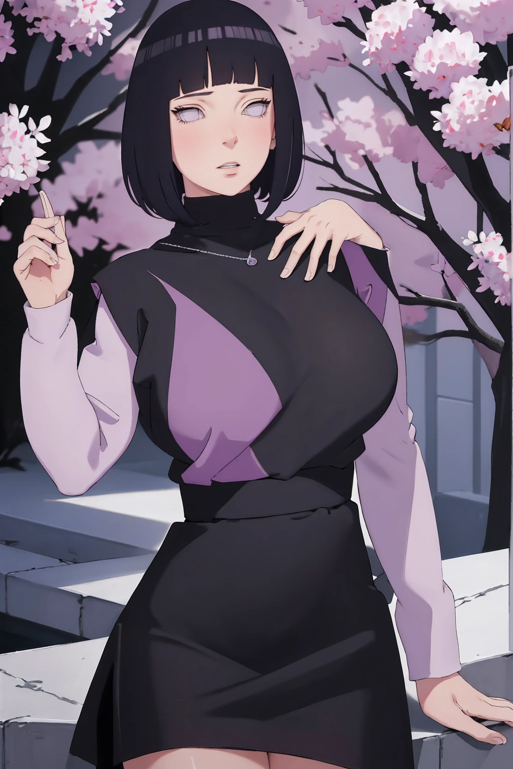 { - ??????? error} (Masterpiece - Ultra-detailed, very high resolution) (huge titusty, masterpiece, absurdres, hinata\(boruto\), 1girl, solo,mature female, lilac turtleneck blouse, black dress,  black long pant, looking at viewelling petals), perfect composition, detailed lips, big breast, beautiful face, body propotion, blush, (pink lips), short hair, (black hair), purple eyes, soft gaze, super realistic, detailed, photoshoot, realistic face and body, closed mouth , lilac eyes, full body, upper body , backwards, looking back, with chin resting on shoulder, hidden hands, perfect fingers, inocent face