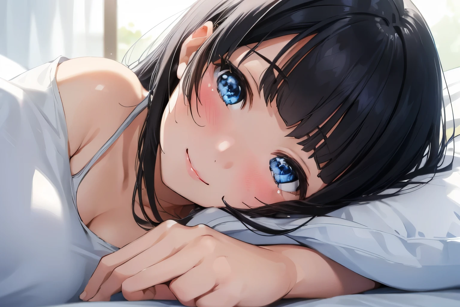 Masterpiece、highest quality、1 female、Super detailed　Black Hair、Blunt Bangs　Blue Eyes、Sparkling Eyes　Smiling、blush　Tank top　Face is close、Facial Close-up、Bring your face closer　Sheetsに寝転がる、Lying on your side　Sheets