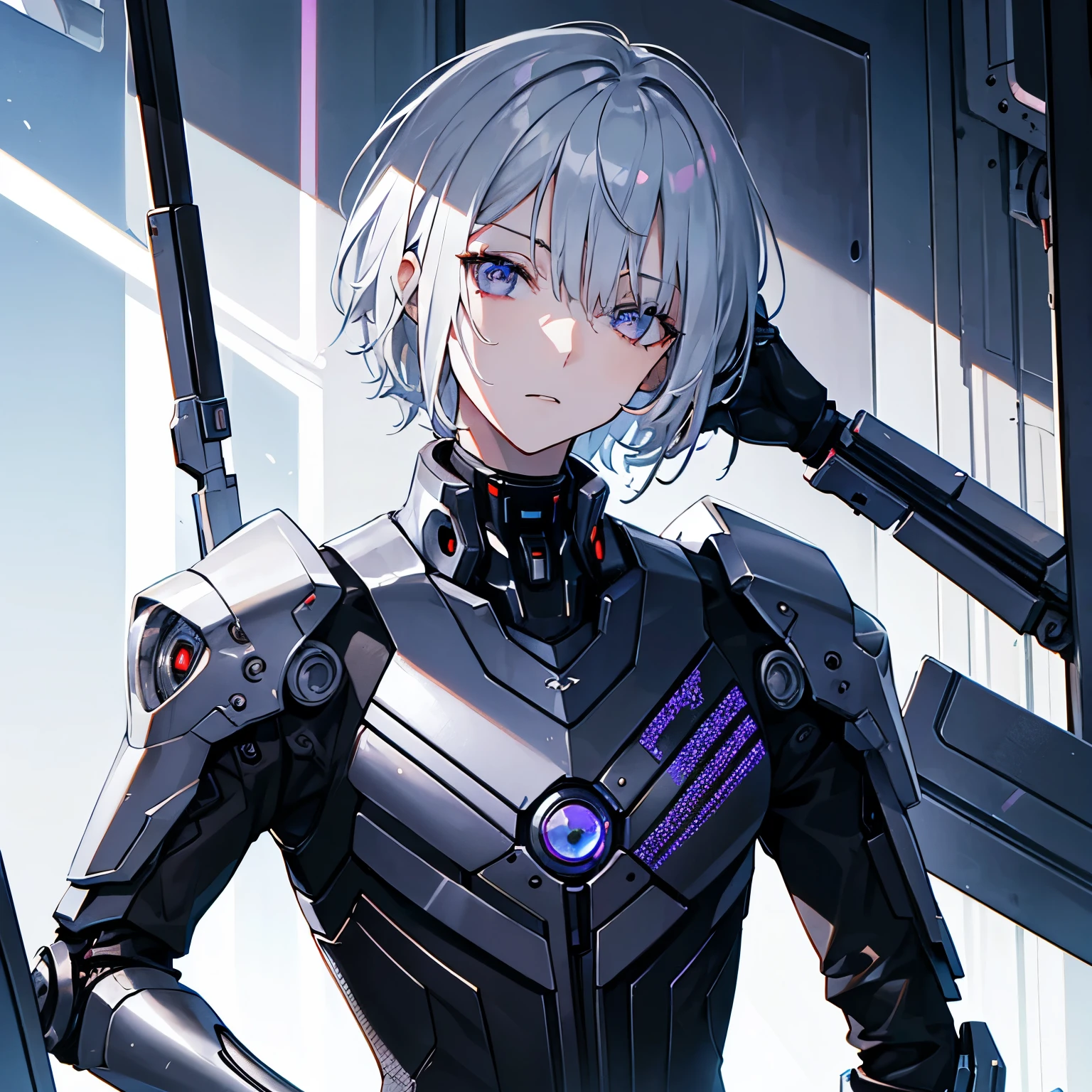 best quality, high quality, 1man, standing, silver hair, (headshot:1.5), mechanical arm, short hair, think things over, silver eyes, fair skin, tall, slender, themed cyberpunk, looking at viewer