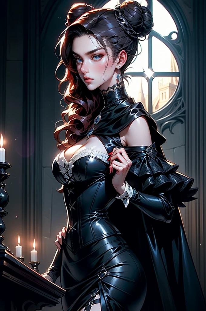 (masterpiece, top quality, best quality, official art, beautiful and aesthetic: 1.2), (1 woman: 1.3), long curly dark brown hair, ((fancy bun)), Victorian style, Victorian classic, extremely detailed, portrait, looking at the viewer, solo, (full body: 0.6), detailed background, close-up, mischievous eyes, (cold midnight castle theme: 1.1), vampire, long fangs, blood on chin, huge lips, charlatan, mischievous smile, mysterious, being seductive on the balcony, revealing gothic dress, extremely tight bodice, black costume, magenta skirts, off-the-shoulder, long sleeves, loose sleeves, black leather , cape, corset, black dress, fishnets, black high boots, buckles, straps, bags, glowing blood magic energy, dark magenta fabric, silver trim, black leather, extremely slim, slim waist, slim hips, medieval background (gothic castle exterior: 1.1), nocturnal, dark and mysterious lighting, shadows, magical atmosphere, Dancing lightly. backwadrs, Looking back. Very sexy, with chin resting on shoulder, abigail larson art style, perfect fingers