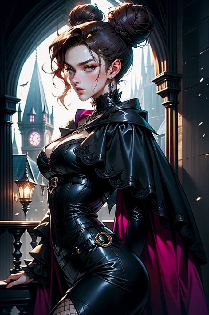 (masterpiece, top quality, best quality, official art, beautiful and aesthetic: 1.2), (1 woman: 1.3), long curly dark brown hair, ((fancy bun)), Victorian style, Victorian classic, extremely detailed, portrait, looking at the viewer, solo, (full body: 0.6), detailed background, close-up, mischievous eyes, (cold midnight castle theme: 1.1), vampire, long fangs, blood on chin, huge lips, charlatan, mischievous smile, mysterious, being seductive on the balcony, revealing gothic dress, extremely tight bodice, black costume, magenta skirts, off-the-shoulder, long sleeves, loose sleeves, black leather , cape, corset, black dress, fishnets, black high boots, buckles, straps, bags, glowing blood magic energy, dark magenta fabric, silver trim, black leather, extremely slim, slim waist, slim hips, medieval background (gothic castle exterior: 1.1), nocturnal, dark and mysterious lighting, shadows, magical atmosphere, Dancing lightly. backwadrs, Looking back. Very sexy, with chin resting on shoulder, abigail larson art style, perfect fingers