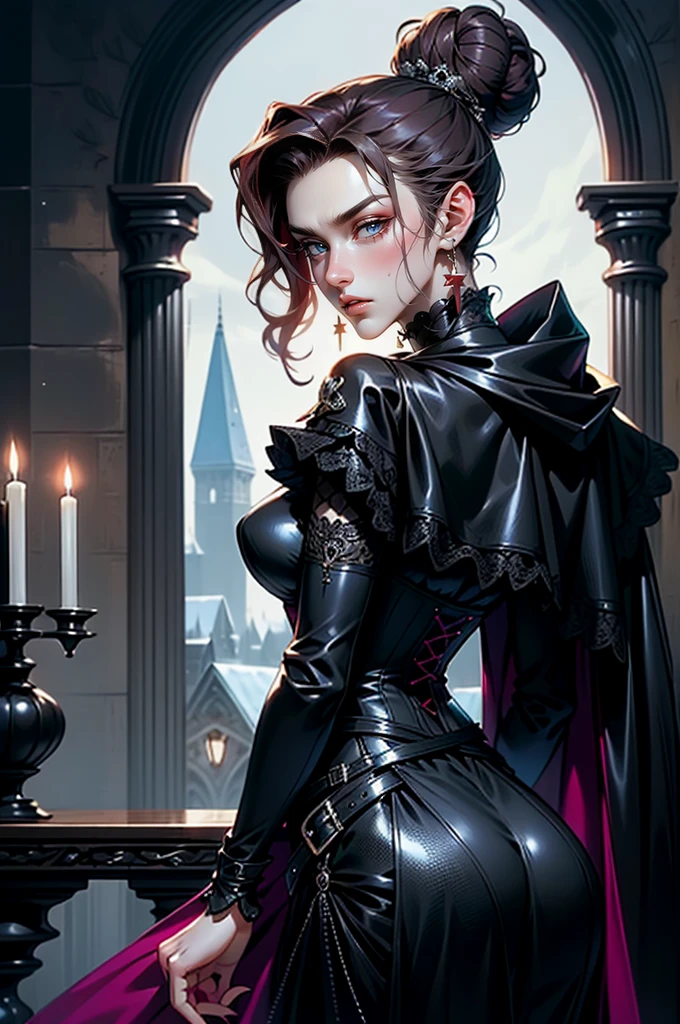 (masterpiece, top quality, best quality, official art, beautiful and aesthetic: 1.2), (1 woman: 1.3), long curly dark brown hair, ((fancy bun)), Victorian style, Victorian classic, extremely detailed, portrait, looking at the viewer, solo, (full body: 0.6), detailed background, close-up, mischievous eyes, (cold midnight castle theme: 1.1), vampire, long fangs, blood on chin, huge lips, charlatan, mischievous smile, mysterious, being seductive on the balcony, revealing gothic dress, extremely tight bodice, black costume, magenta skirts, off-the-shoulder, long sleeves, loose sleeves, black leather , cape, corset, black dress, fishnets, black high boots, buckles, straps, bags, glowing blood magic energy, dark magenta fabric, silver trim, black leather, extremely slim, slim waist, slim hips, medieval background (gothic castle exterior: 1.1), nocturnal, dark and mysterious lighting, shadows, magical atmosphere, Dancing lightly. backwadrs, Looking back. Very sexy, with chin resting on shoulder, abigail larson art style, perfect fingers