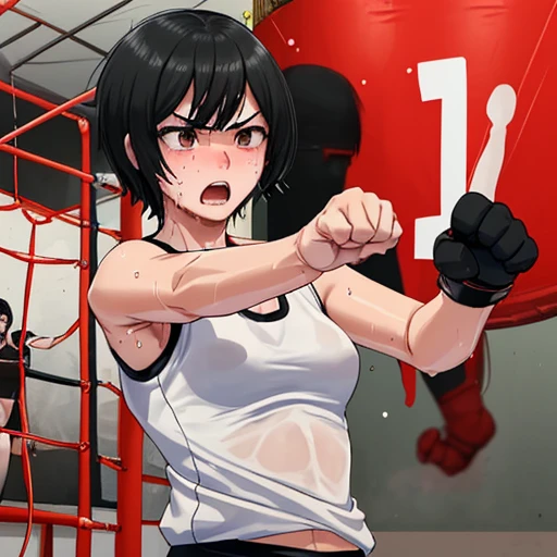 At the martial arts gym、Cute high school girl receiving punching instruction from female coach、Slender body、Tank top、Sweat is splashing、Shortness of breath with open mouth、Very sweaty、Short black hair、Poor body、Small breasts、Open Finger Gloves