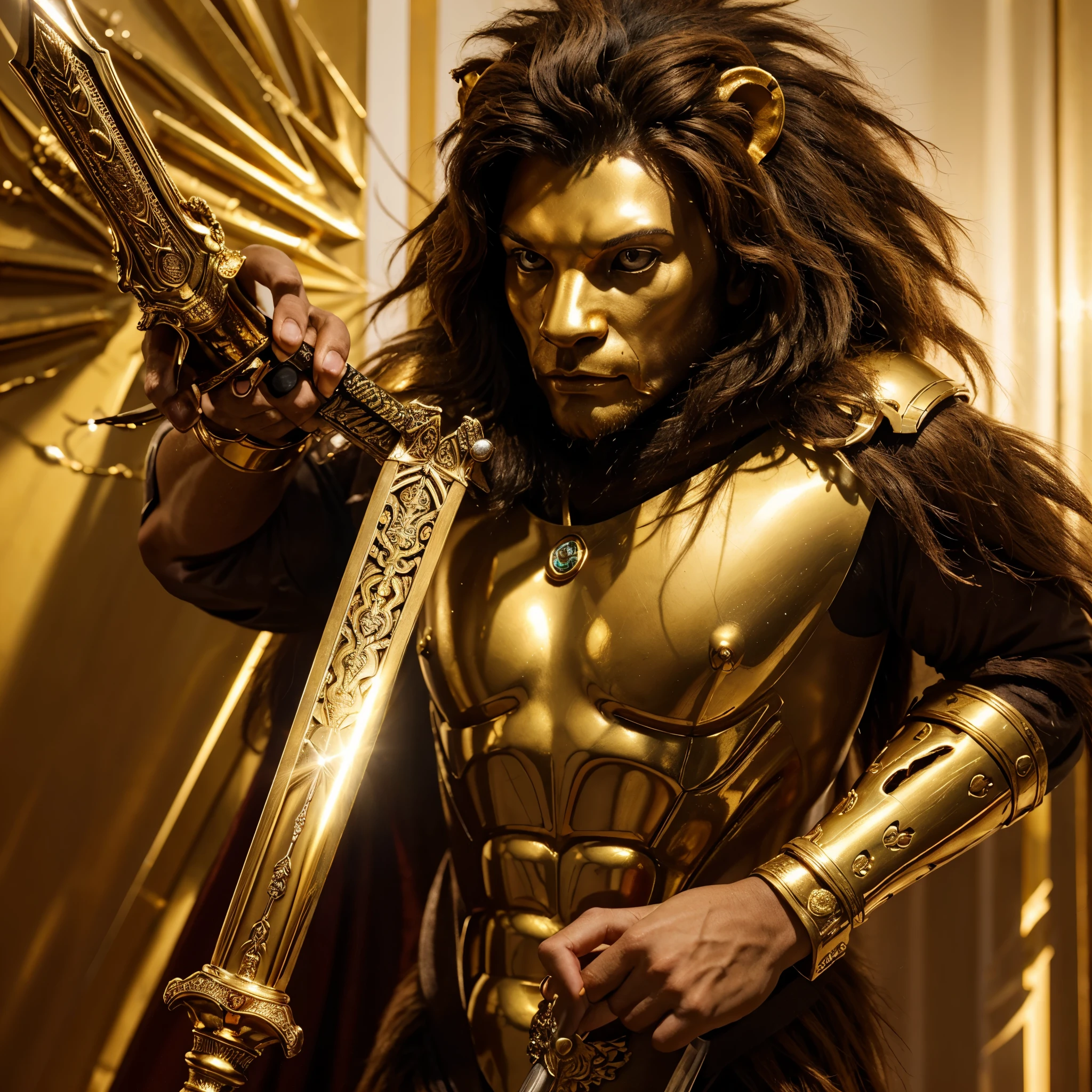 realistic photo of humanoid lion holding a golden sword with a golden ruby, cercando-a irradiando luz na cor rubi dourado