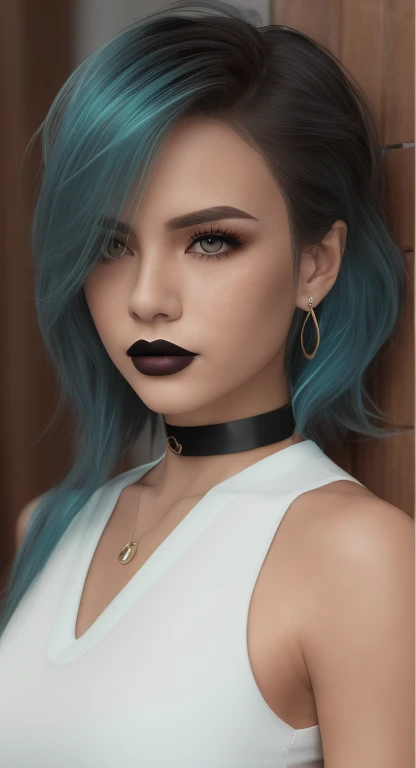 masterpiece, best quality,3d rending work ,3DMM style,close-up,portrait, 3D,1girl, solo, multicolored hair, blue hair, black hair, necklace, freckles, jewelry, two-tone hair, looking to the side, realistic, upper body, simple background, bangs, looking away, short hair, parted lips, black eyes, lips, gothic, choker, makeup, mole, black shirt, shirt, watermark