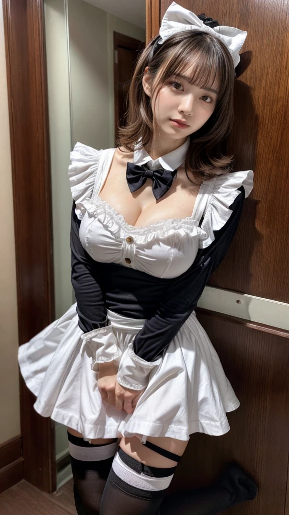 muste piece, best quality, illustration, Super detailed, fine details, High resolution, 8K,wall paper, perfect dynamic composition,(Details High quality, realistic depiction of eyes:1.3), short hair, (wavy hair:1.2), huge breasts, hotel room, (bow ribbon, Maid, knee high socks:1.3), frill skirt, huge breasts, ponytail, black hair color, Big Natural Color Lip, bold sexy pose, crying a little、cold gaze, Harajuku style、20 year old girl、cute type、ta、beautiful legs, full body photo、focus on crotch, hposing Gravure Idol