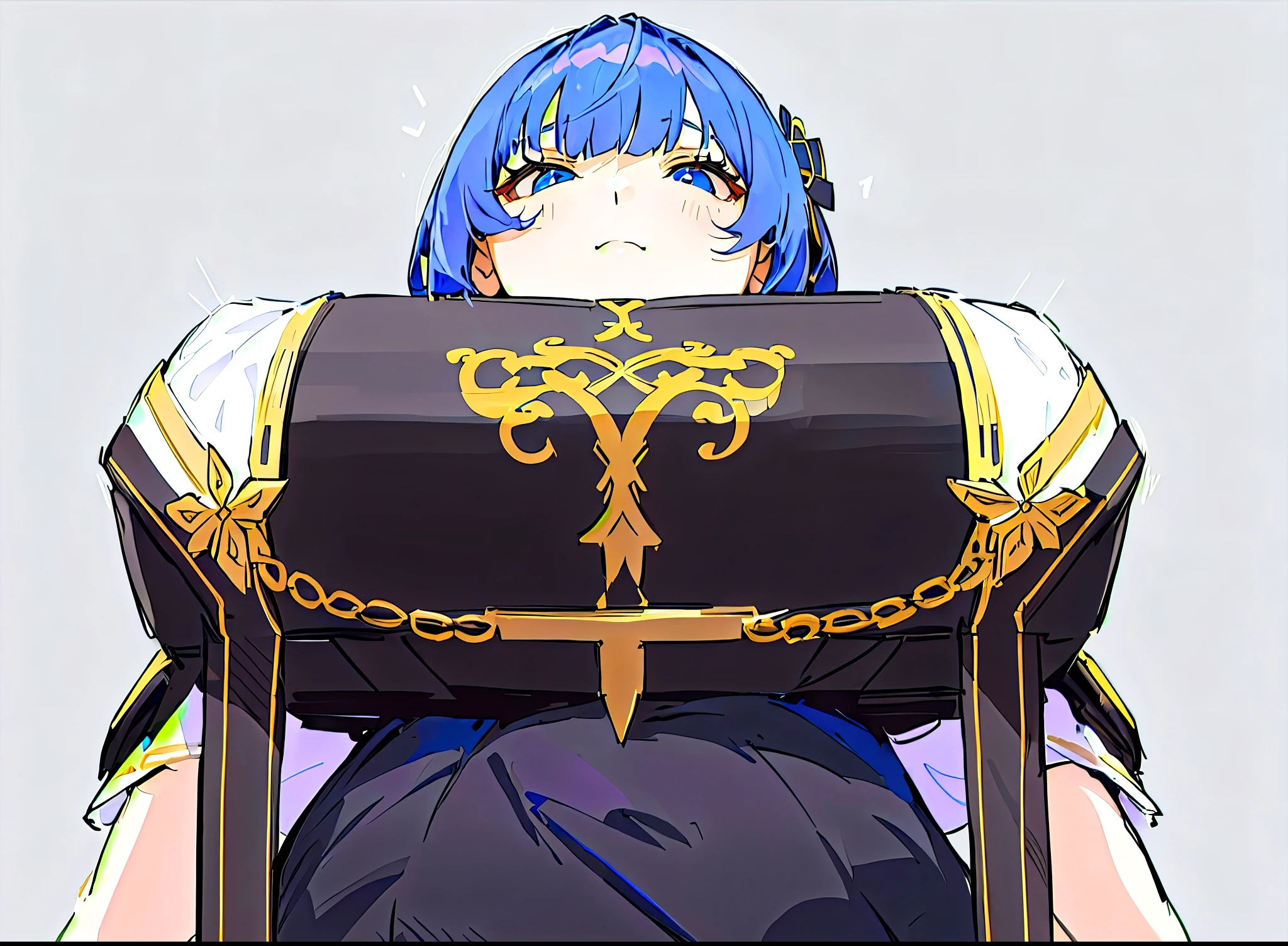 anime - imagen de estilo de una mujer con cabello azul y un vestido negro, grueso, , escamas que cubren su pecho, Impacto de Ayaka Genshin, usando una coraza brillante, genshin, pecho esponjoso, pero la armadura cubre su rostro, grueso build, scales on her chest, blue escamas que cubren su pecho, pesado detallado