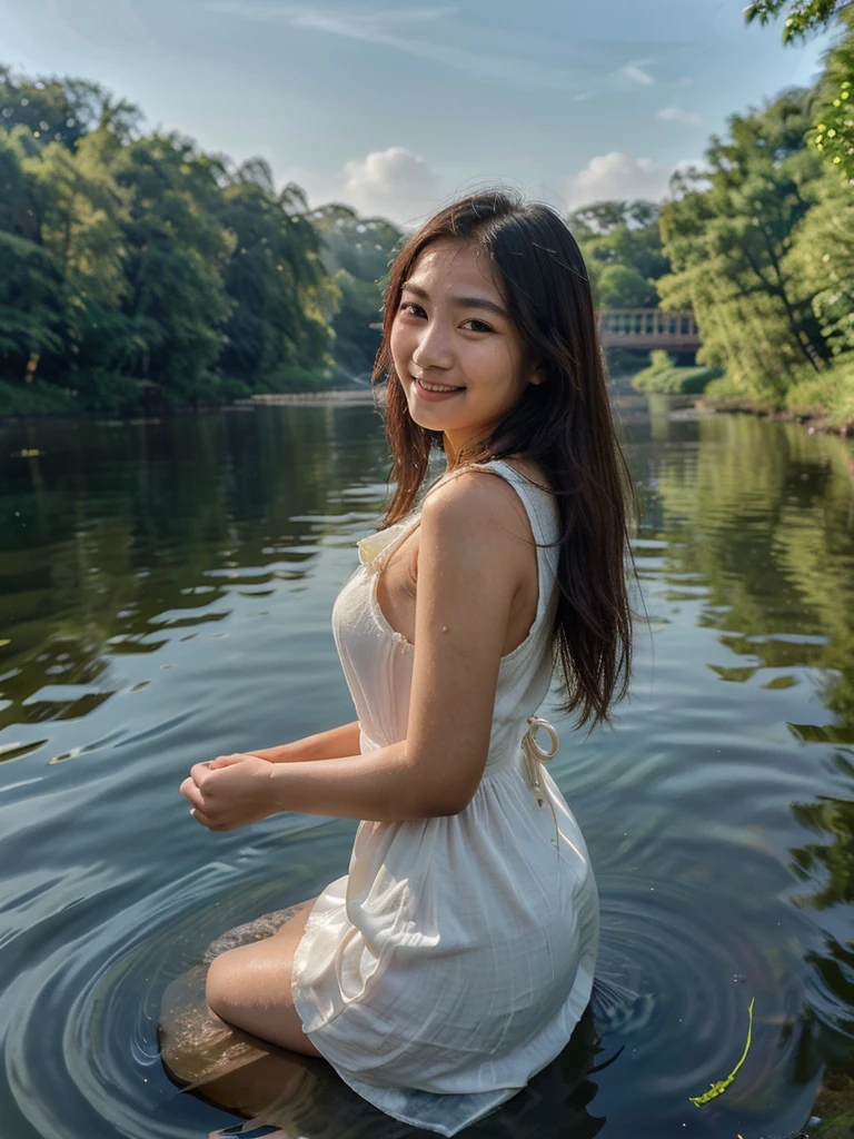 (a beautiful, 20-year-old Asian woman with a subtle smile, gazing at the scenery on the riverbank), (oil painting) [detailed face], [detailed hair], (soft lighting), [serene atmosphere], [vivid colors], [subtle texture], (bright sunshine), (gentle breeze), (reflection on the water), [lush greenery], (calm river), (clear blue sky), (peaceful setting), (slight mist), [flowing dress], [delicate features]