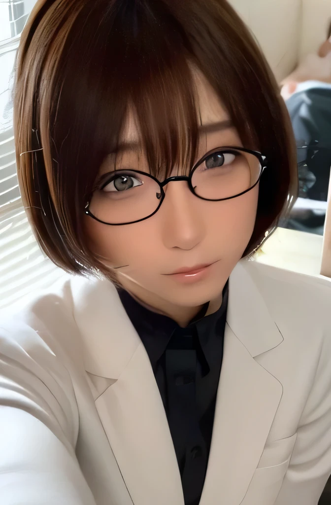 Angle of view looking down from above、Wearing a white coat、30th Generation、Large rimless round glasses、Leg spread、Droopy eyes、Bob Hair、Brown Hair Color、Black mini skirt suit、tights、Big Breasts、Open chest shirt、Health Room、Crouching、Panty shot、Looking at this、Troubled expression、Reaching out to touch me、a little of the shorts are showing、Looking up、sad、