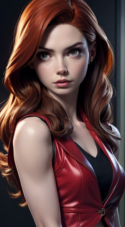 photo of Karen Gillan, beautiful woman hair red, sexy pose, sexy figure, (medium breasts:1.3), (cropped vest black and red color scheme), (masterpiece) (best quality) (detailed) (8k) (HDR) (wallpaper) (cinematic lighting) (sharp focus) (intricate)