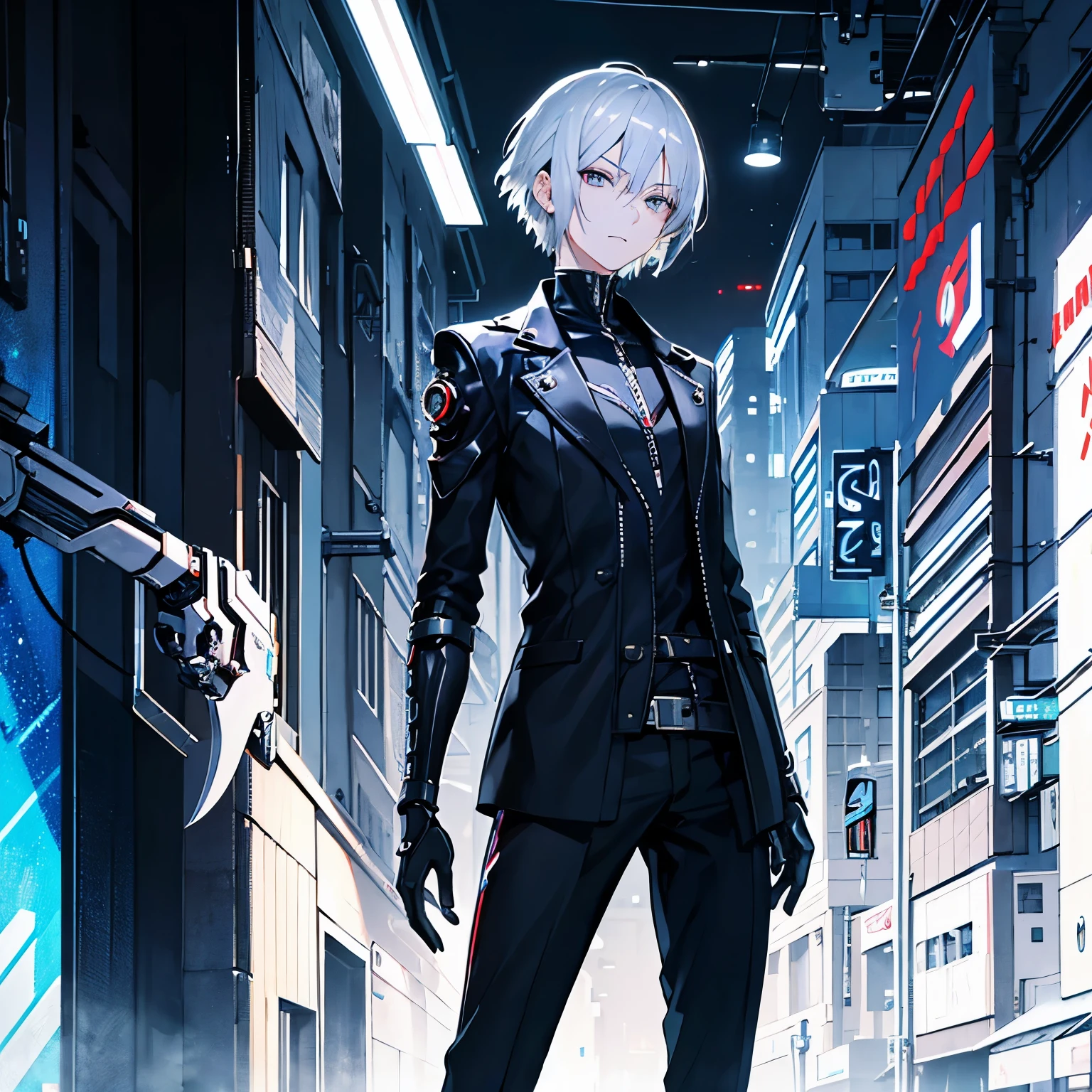 best quality, high quality, 1man, standing, silver hair, (headshot:1.5), mechanical arm, short hair, think things over, silver eyes, fair skin, tall, slender, themed cyberpunk, looking at viewer