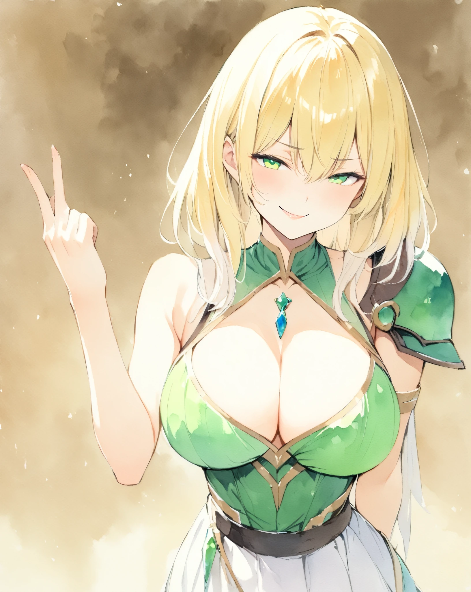 masterpiece, Best quality, watercolor (medium), 1girl, breast, Solitary, Short shoulder-length hair, Cleavage, Blonde pick-dye hair, Jewel green eyes, Bangs, jewelry, skirt, Bare shoulders, sleeveless, Hair between the eyes, 单Scapula, looking at the audience, Photo poses, Hand gesture with index and middle finger raised, large breast, armor, shoulder armor, sleeveless skirt, Upper Body, Single sleeve, white skirt, Scapula, Naughty smile