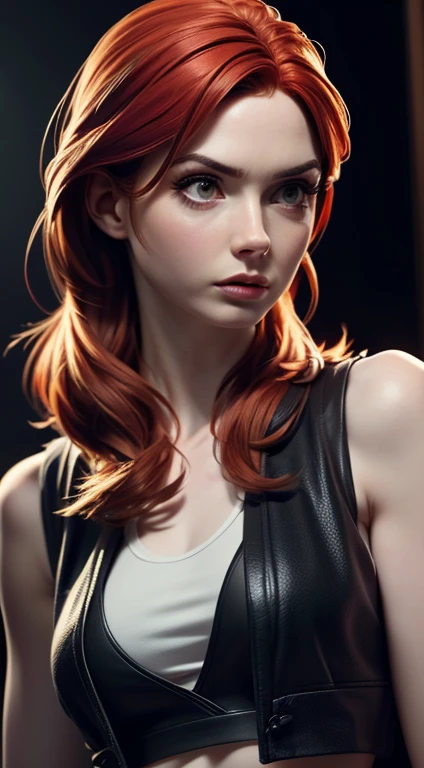 photo of Karen Gillan, beautiful woman hair red, sexy pose, sexy figure, (medium breasts:1.3), (cropped vest black and red color scheme), (masterpiece) (best quality) (detailed) (8k) (HDR) (wallpaper) (cinematic lighting) (sharp focus) (intricate)