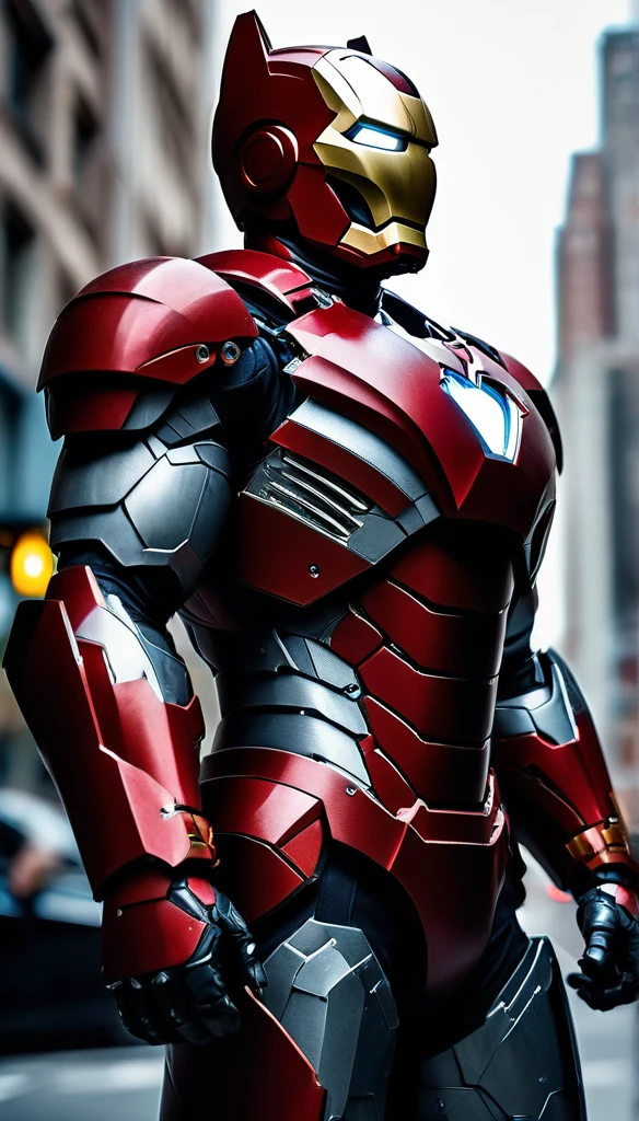 (standing split:1.3),  red armoured, glared armour  (iron man vs batman, face to face pose), (masterpiece:1.2) (photorealistic:1.2) (bokeh) (best quality) (intricate details) (8k) (HDR) (analog film) (canon d5) (volumetric lighting) (cinematic scene) (sharp focus) (creative:1.3), detailed pieces, detailed arms, detailed hands, no extra limbs,  precisely anatomy, no extra fingers,  ,  outdoor,  gotham city, gotham street, gotham buildings, (cinematic style), (cold light) (cold illumination cinematics)
