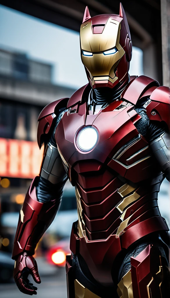 (standing split:1.3), red armoured, glared armour (iron man vs batman, face to face pose), (masterpiece:1.2) (photorealistic:1.2) (bokeh) (best quality) (intricate details) (8k) (HDR) (analog film) (canon d5) (volumetric lighting) (cinematic scene) (sharp focus) (creative:1.3), detailed pieces, detailed arms, detailed hands, no extra limbs, precisely anatomy, no extra fingers, , outdoor, gotham city, gotham street, gotham buildings, (cinematic style), (cold light) (cold illumination cinematics)
