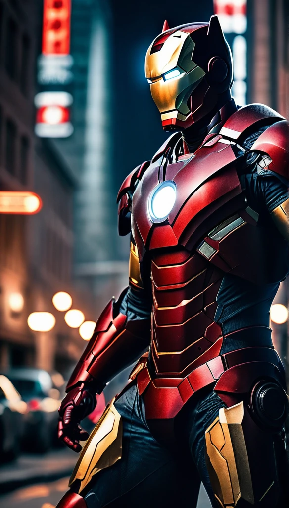 (standing split:1.3),  red armoured, glared armour  (iron man vs batman, face to face pose), (masterpiece:1.2) (photorealistic:1.2) (bokeh) (best quality) (intricate details) (8k) (HDR) (analog film) (canon d5) (volumetric lighting) (cinematic scene) (sharp focus) (creative:1.3), detailed pieces, detailed arms, detailed hands, no extra limbs,  precisely anatomy, no extra fingers,  ,  outdoor,  gotham city, gotham street, gotham buildings, (cinematic style), (cold light) (cold illumination cinematics)