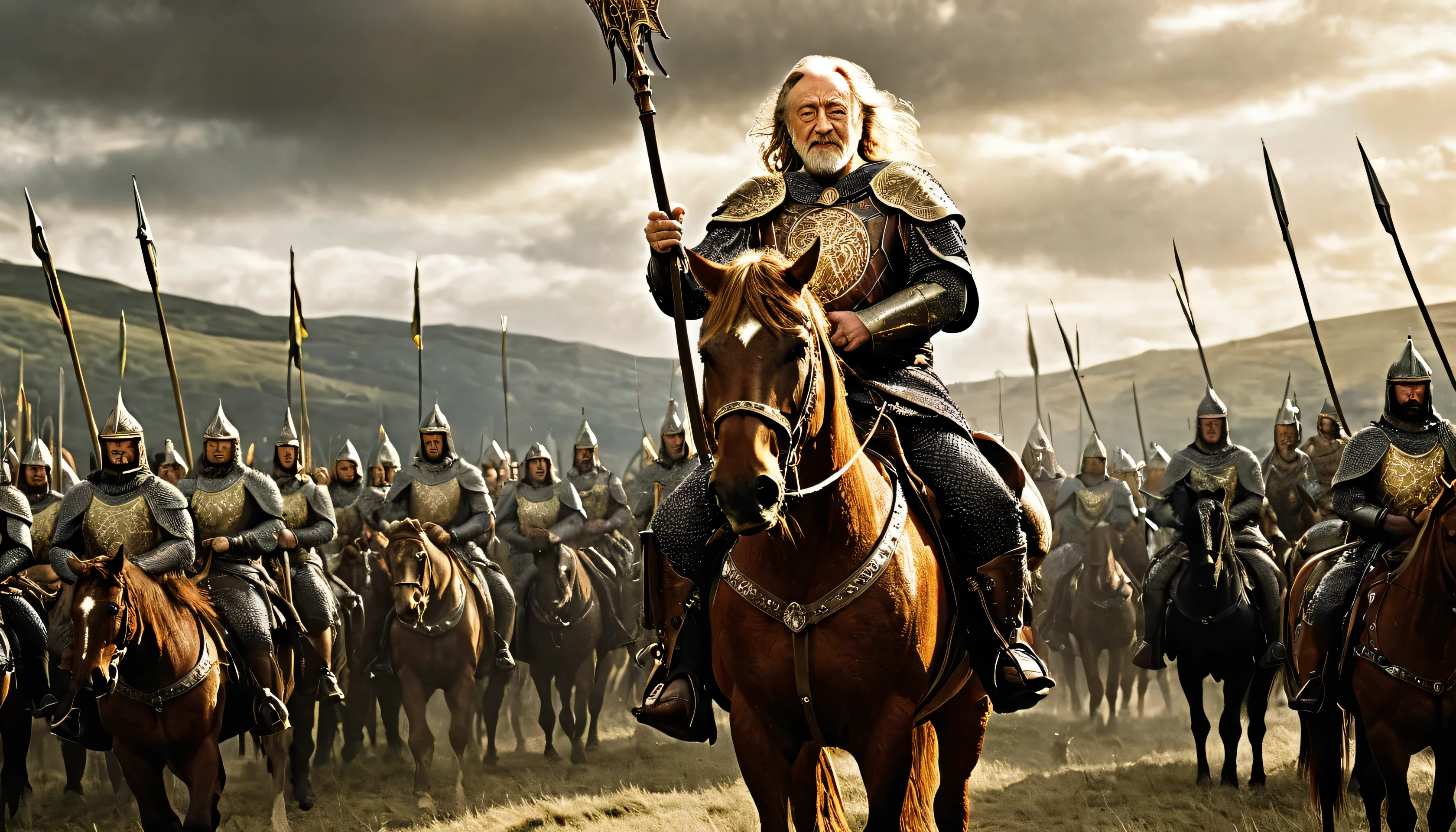 King Theoden of Rohan, portrayed by Bernard Hill in his majestic armor, is seen riding on a horse from the earth to Heaven. All Main Charactor in the Movie waving hand to say Farewell to him,Knights and ladies stand in attendance. The scene draws inspiration from the movie ‘The Lord of the Rings: The Return of the King’ and features professional-level lighting and grandeur