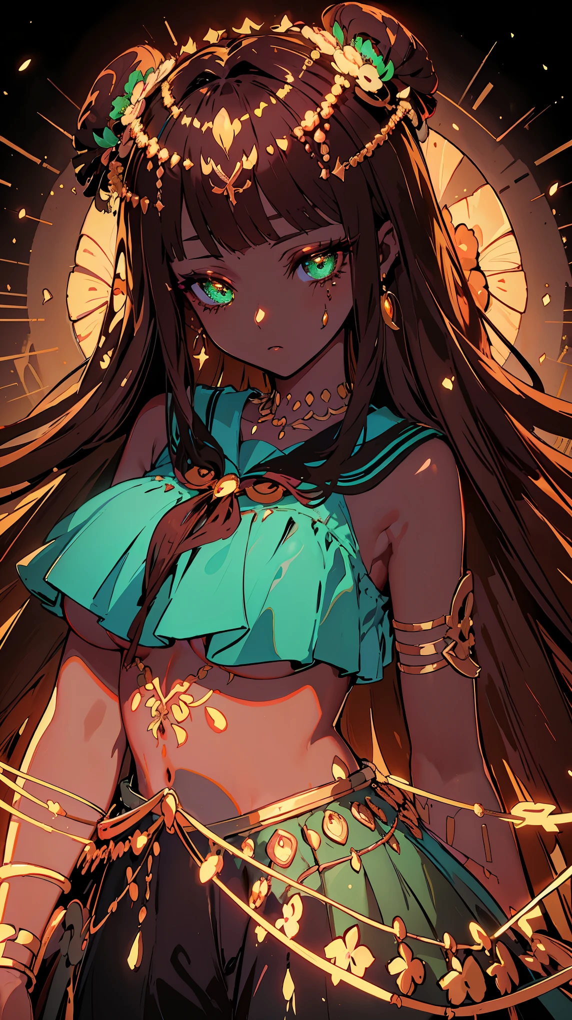 {{{{masterpiece}}}}, {{{Super detailed}}}, {{{high resolution}}}, {{good anatomy}}, (((best quality))),((emerald eyes,brown hair)),{{Extremely detailed and refined}}, {4k CG wallpaper}, {{illustration}}, ((dark skin,african lady,dark brown skin)),(flower crown),(((face portrait,detailed face,bigger eyeballs,bust))),(long hair|Detailed hair|blunt bangs|shiny hair),(((serafuku,skirts))),{underboob},{{{emotionless face,mature}}},(lesbian,JK,1 woman:1),(Color difference:1.2),(small breasts),(simple background)