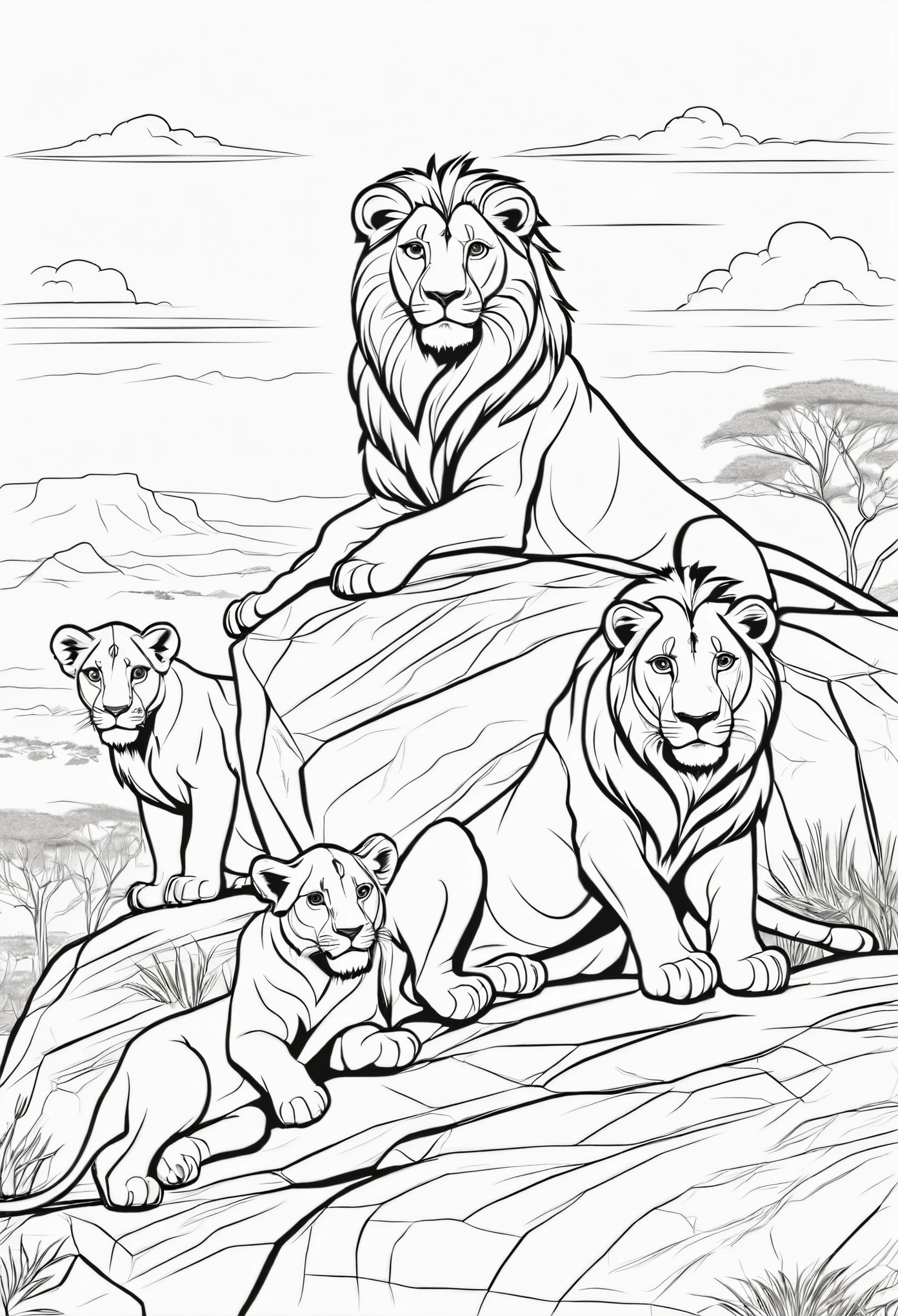coloring page for kids, lion with lionesses and lion cubs all perched on a rocky outcrop in the Serengeti, cartoon style, thick lines