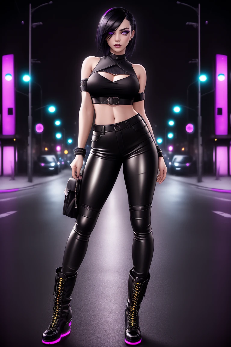 beautiful girl, ((standing:1.4)), (confident gaze:1.1), full body, short bright neon streaked black hair, ((realistic highly detailed eyes:1.4)), ((seductive pose:1.2)), black eyeshadow, (street style wear:1.2), ((tight fitted pants)), ((knee high leather boots)), (dark city night black background:1.4), dark makeup, digital art, trending on artstation, highly detailed, fine detail, intricate, detailed facial features, sharp focus, smooth, aesthetic,