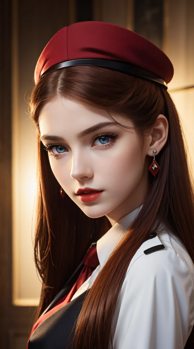 1 beautiful woman, 20 years old, long red hair (tied), pale white skin (highly detailed), bright blue eyes (vampire eyes), perfect body, makeup, red lips, earrings, black and red military officer uniform, cap black and red military officer photo, detailed light, illustration, depth of field (best quality), (background blur: 0.6), beautiful and soft lighting, (front light: 1.5), (ultra high resolution, best quality), (8k), best quality, masterpiece), technological sense, best quality, masterpiece, illustration, official art, incredibly fine details, extremely delicate and beautiful, extremely detailed, highly detailed, sharp focus, rich background, ( real person, photograph), ((highly detailed skin)),