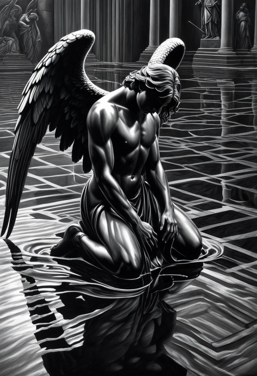 black pencil shading, charcoal drawing, tinted paper, pencil drawing, brutal dark b/w color scheme,
Poster, close up, full length, shadow art. masterpiece, RAW photograpyh,the Fallen Angel on his knees praying, water reflection on the floor,a big scary statue,pessimistic atmosphere,perfect ligthing,