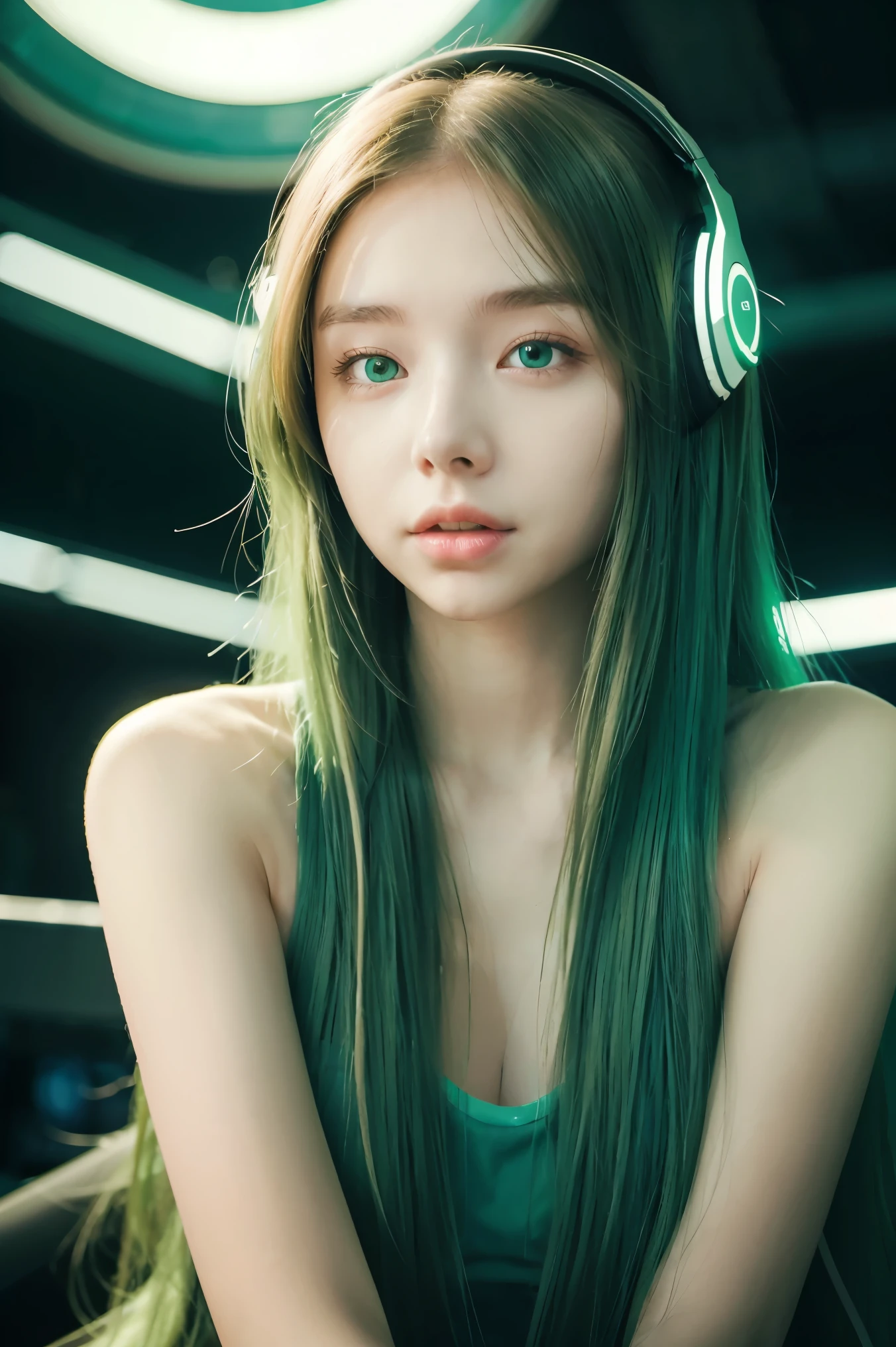 girl with long green hair, green eyes, futuristic vibes, mask on mouth, headphones, 8k, high quality, simple background, glowing eyes, nice pose