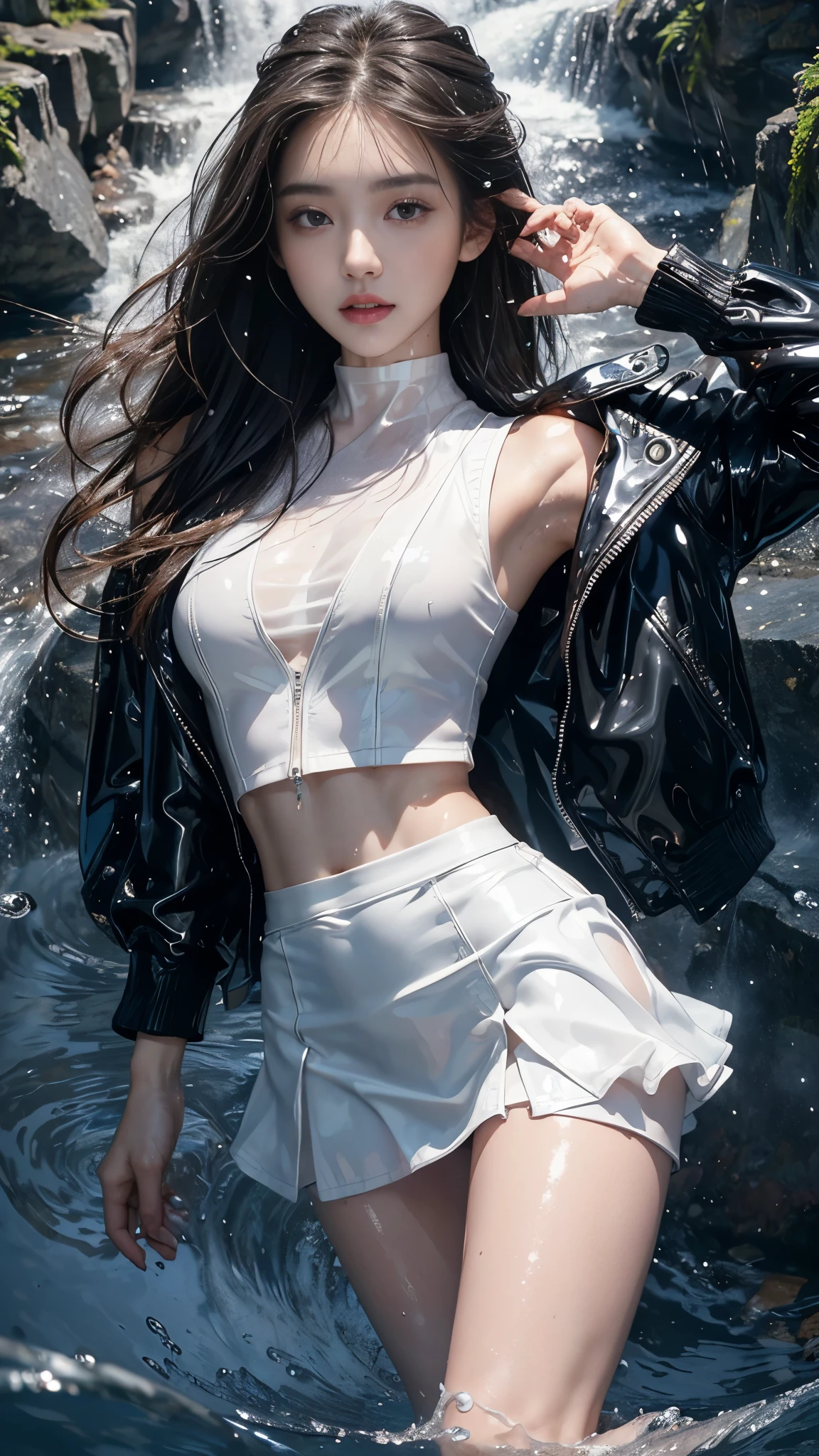 8k, masterpiece, 1 girl, beautiful face, very long hair, light makeup, (wet skin:1.2), detailed eyes, detailed lips, small bust, simple clothing, wet blue vest, blue mini skirt, ((under pants)), ((bare thigh)), straps clothing, (water falling:1.4), steam effect, water vapour,