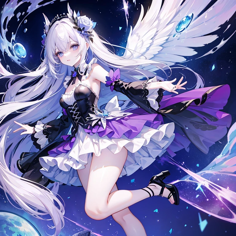 Create an animated 2D fairy with pale skin, who has gray eyes, Eyelashes you ask for and black along with black eyebrows, that your hair be long to the feet lilac color with thin black strands and that radiates shine, Let your dress be a lilac corset with silver and flowers, and a short mid-thigh silver glitter skirt with an asymmetrical cut and ruffles, con zapatos con mariposas y de tacones altos de plataforma tipo sandalia que tengan lazos alrededor de la pierna hasta abajo de la rodilla, que tenga unas alas hermosas tornasol y muy grandes y que su talento sea en la naturaleza y el agua