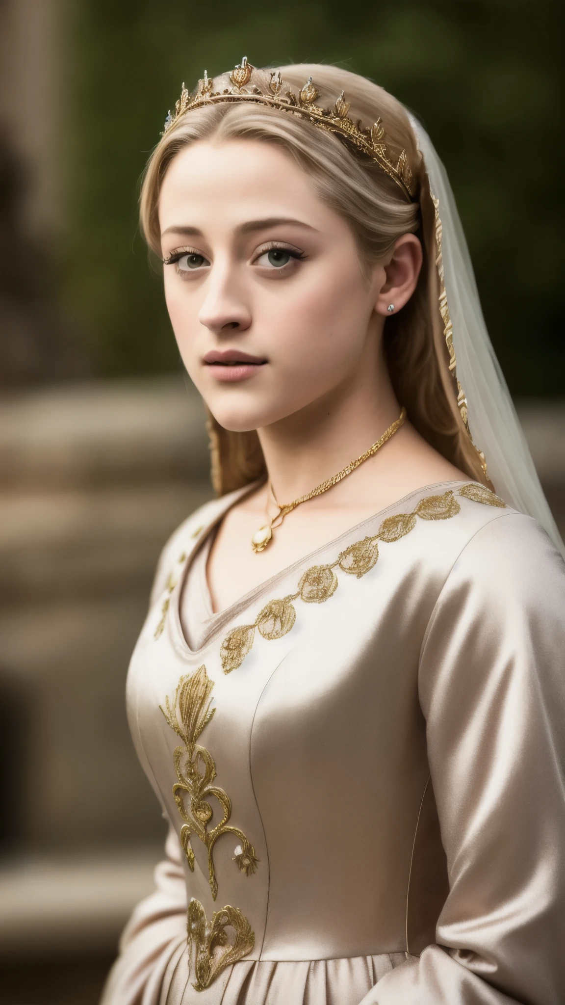 Looks like Lili Reinhart, photo of Eleanor of Aquitaine, highly detailed face, depth of field, moody light, atmospheric lighting, highly detailed, centered, extremely detailed, Nikon D850, award winning photography