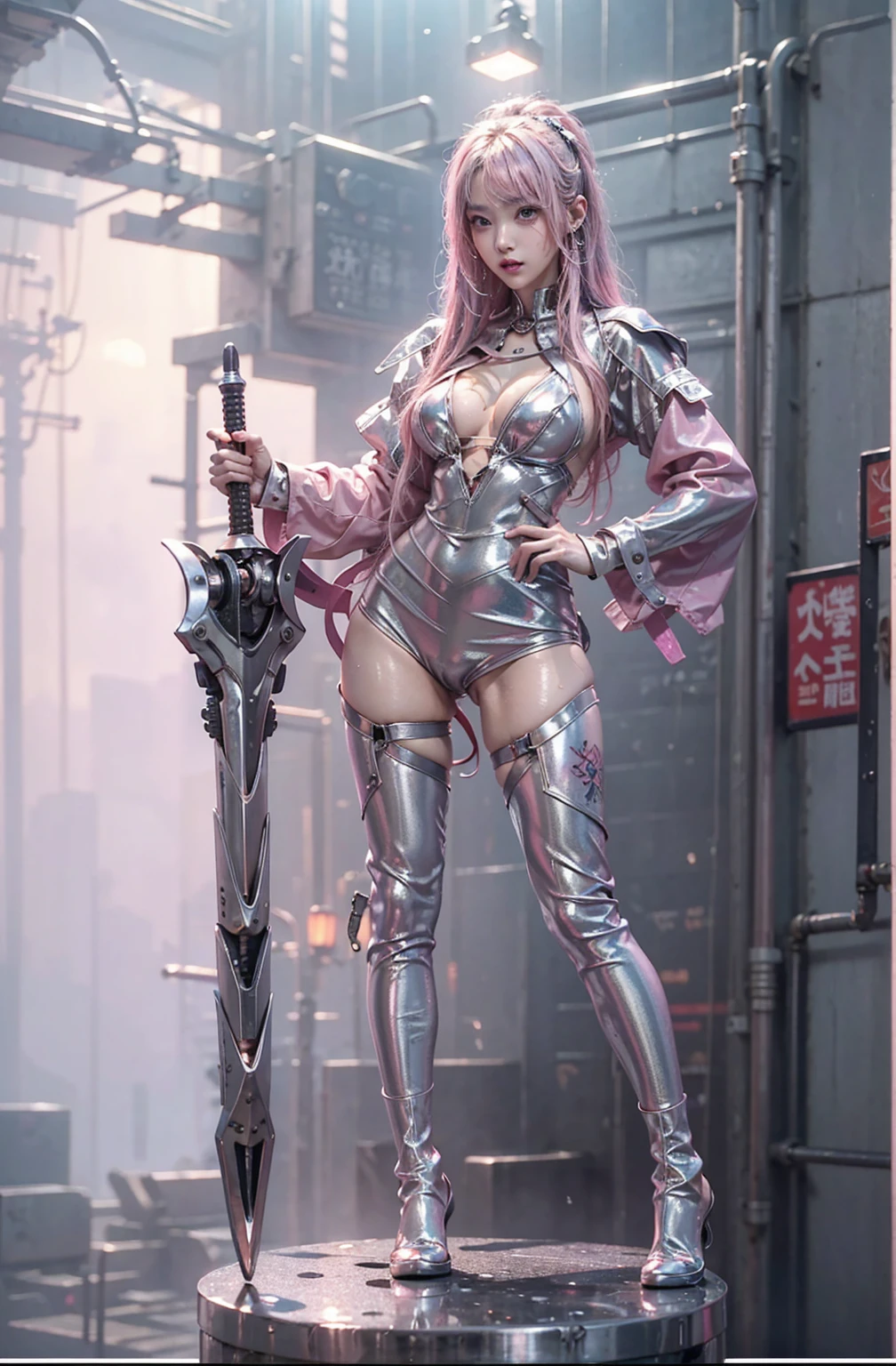 highest quality、Surreal、Perfect Anatomy、Crowded busy street、Surrounded by spectators、Crowd、Wet and shiny white skin、Sweat dripping all over the body、Slender model figure、Ahegao、Silver and pink hair、soaked、Super small face、Collars and Leads、Large cleavage、Cyberpunk City、photo shoot、Maid、Japanese sword、tattoo、