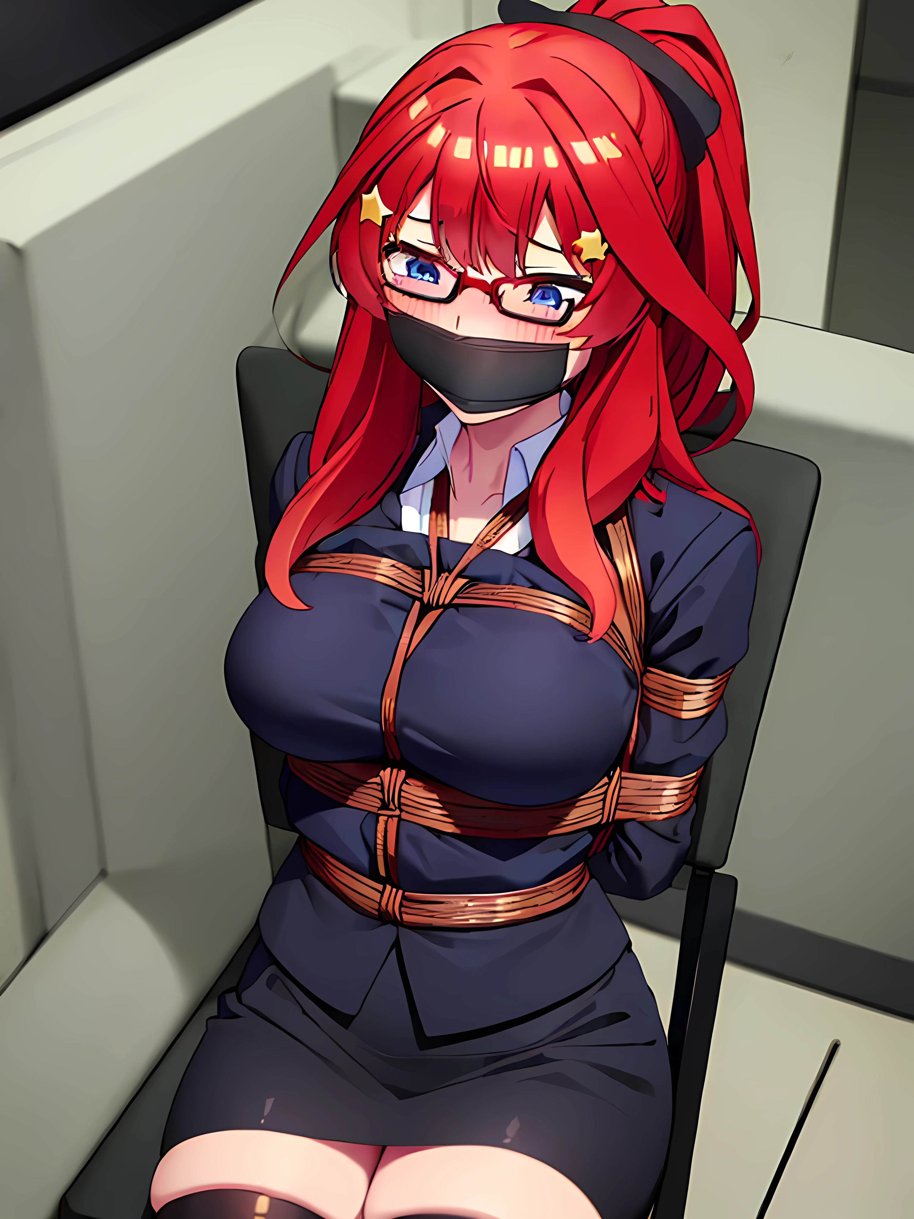  , mksks style, detailed background, 1 girl, alone, Itsuki Nakano, aged, mature female, star hair ornament, long hair, red hair, Choke, bangs, hair amazing eyes, ponytail, blue eyes, big breasts , Office girl, red glasses, bottom, black suit jacket, collared jacket, white dress shirt, collared shirt, neckline, buttons, lanyard, ID card on the neck, black pencil skirt, black pantyhose, smile, blushing, looking at viewer,pov(from below), seductive, embarrassed, office, desk, computer, interior, ((sweat blushing, large breasts, medium waist, wide hips, medium thighs, good anatomy good hands
shibari,bdsm,(((shibari over clothes,rope,bound,restrained,bound to a chair))),chair, tape, tapegag, tape on the mouth, gagged, tied, tied up, tied to a chair, bound to a chair, hands behind back, tied ankles