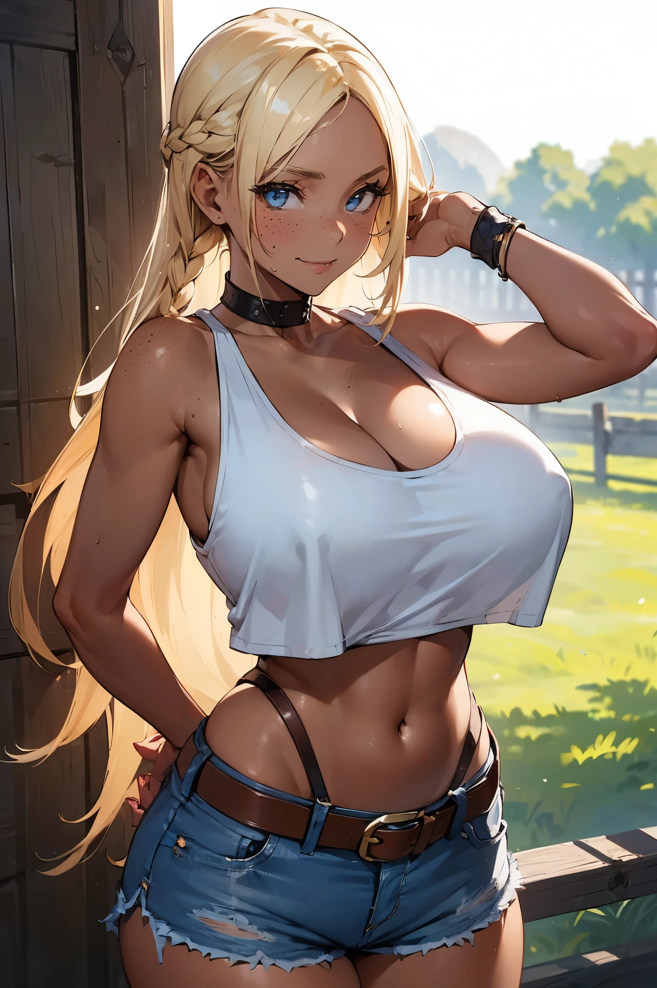 (((SHARP detail perfect face))), (nice hips), detailed skin, ((masterpiece)), best quality, (SHARP details), 4k, ((farmgirl)), (((farm))), (loose tank top), ((white tank top)), ((blonde hair)), sweat, ((huge breasts)), amber eyes, looking at viewer, ((long hair)), ((denim hotpants)), (hay), outdoors, solo, (asymmetric hair), (freckles), ((tanned)), ((wide hips)), slightly toned, (smiling), mature, motherly MILF, ((leather belt)), (fence), good colors, good lighting, (seducing viewer), lewd, big ass, dark skin, braid,